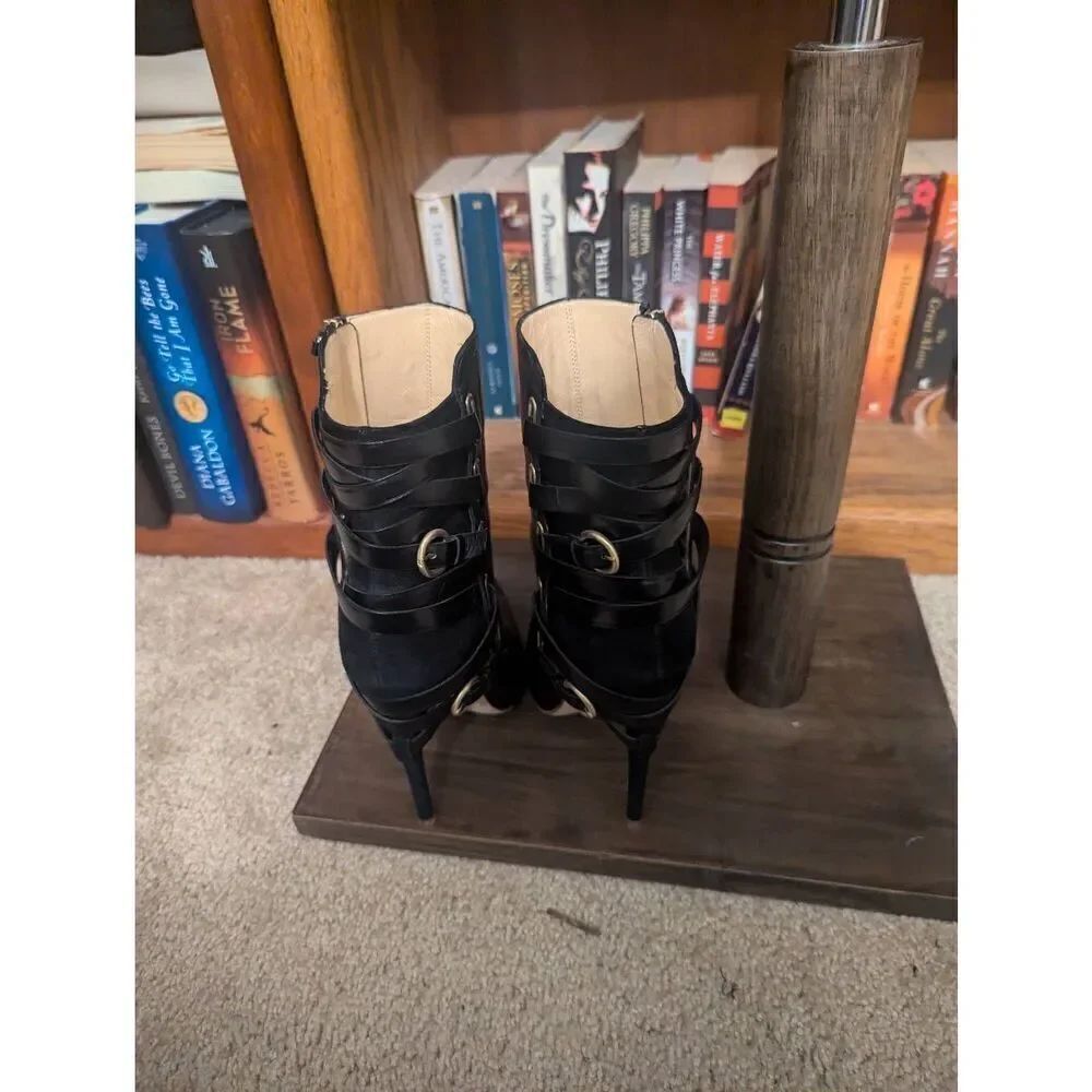 Rousseau Boots Black Tan Heels EU 38 US 8M Italy Leather Closed Toe Stiletto - Picture 3 of 6